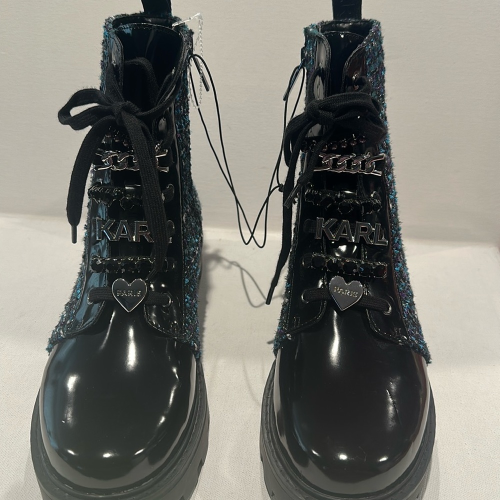 Karl Lagerfeld Tweed Combat Boots with Lace-up front and Lagerfeld Charms.